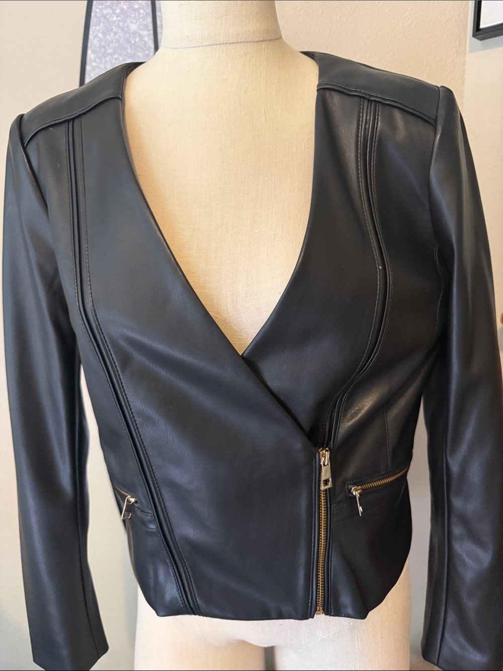 White House Black Market Black Faux Leather Zip-Front Jacket